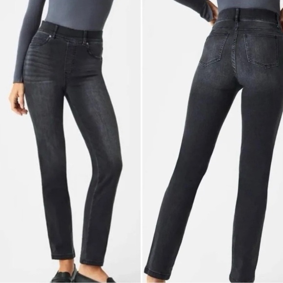 NEW SPANX VINTAGE BLACK STRAIGHT LEG DENIM STRETCH SLIMMING JEANS SZ MED - Picture 1 of 13